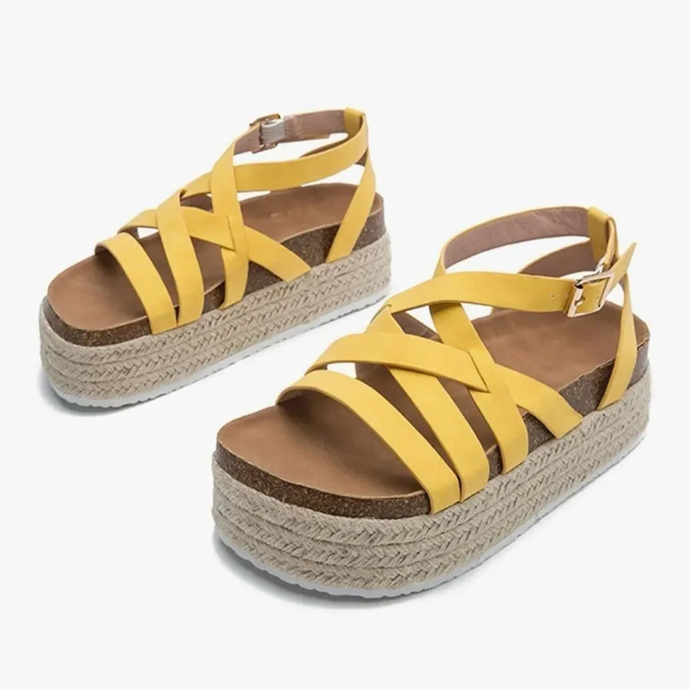 Yellow Strappy Espadrille Wedge Sandals